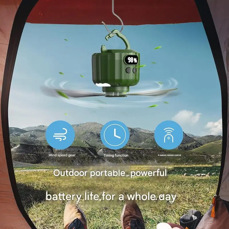 Power Displays Emergency Power Supply Camping Fan Rechargeable Fishing Tent Hanging Fan Silent Ceiling Fan LED Remote Control