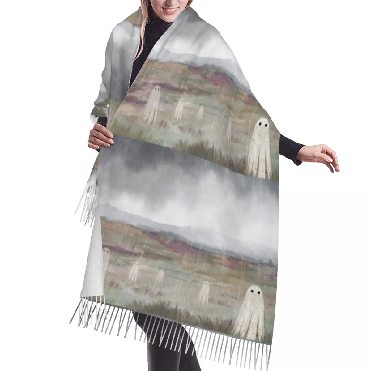 

Custom Printed Ghosts Of The Rain Scarf Men Women Winter Warm Scarves Halloween Horror Shawls Wraps