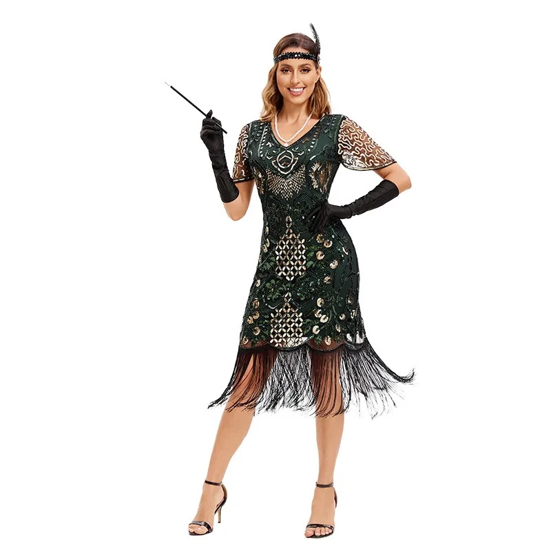 Retro 920s Women's Dr Glitter Performance Gown Mid-Length High-Waisted Polyester Fabric Zipper Sle Faionable Spring C...
