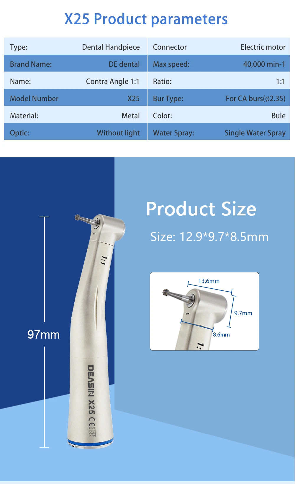 Contra Angle 1:1 1:5 20:1 1:4.2 Dental Handpiece Fiber Optic Low Speed High Speed X95L Style Dental Implant Equipment
