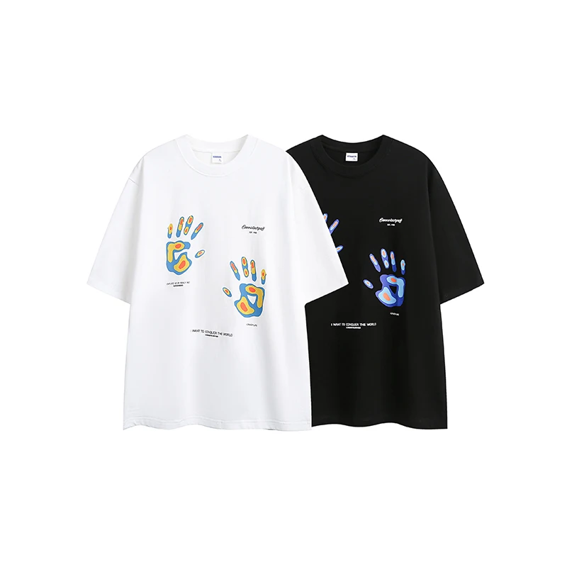 

Palm Print Black White T Shirt Men Women Summer High Street Loose Fit Short Sleeve Cotton Casual Fashion Clothing