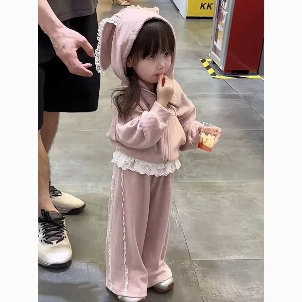 Girls Spring Autumn Clothing Set 2026 New Fashion Children's Lace Jacket Trim Bunny Ear Hooded Sweatshirt Pants 2-Piece Outfit