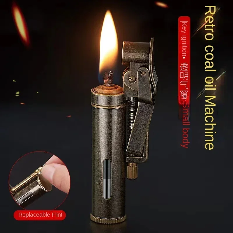 2024 New Copper Kerosene Lighter Visual Oil Tank One-key Ignition Retro Nostalgic Grinding Wheel Lighter Men's Smoking Gift Tool