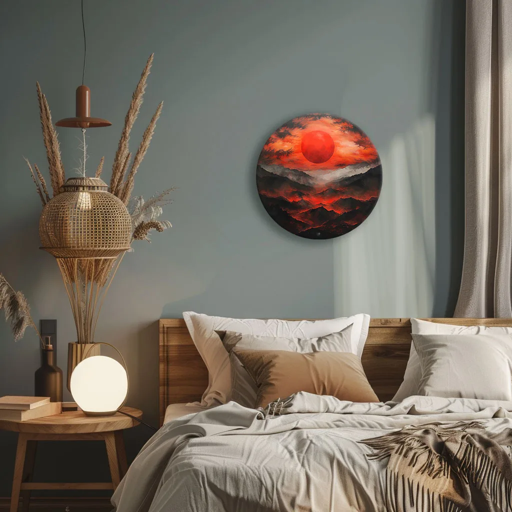2D Metal Sign, Round Red Sun Mountain Wall Art, Indoor Outdoor Decor for Birthday Graduation Party Beach Anniversary