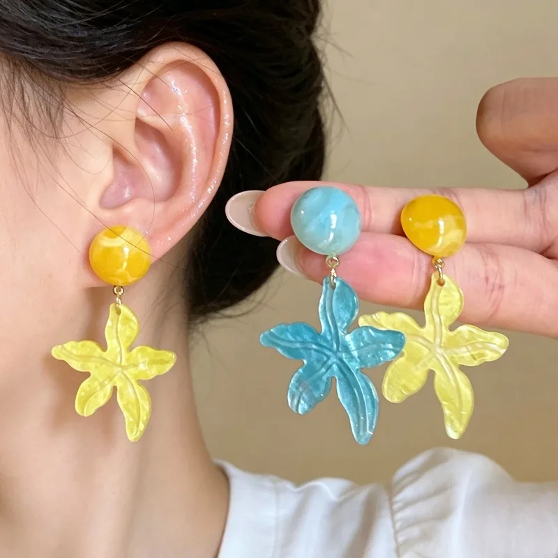 Beach Vacation Style Acrylic Blue Starfish Drop Earrings For Women Unique Beautiful Ear Jewelry For Daily Party Travel Gift