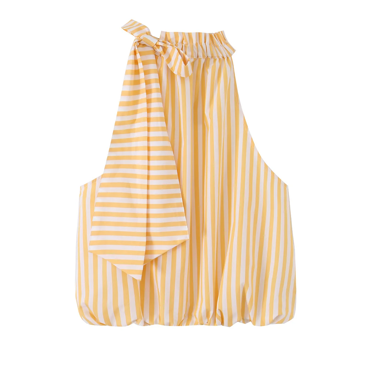 HH Damen Sommer Gelb-Weiß Gestreiftes Neckholder-Top mit Schleifenkragen Ärmellose Bluse mit Bubbel-Saum, Lässige Strand- und Alltagskleidung – Detail 2