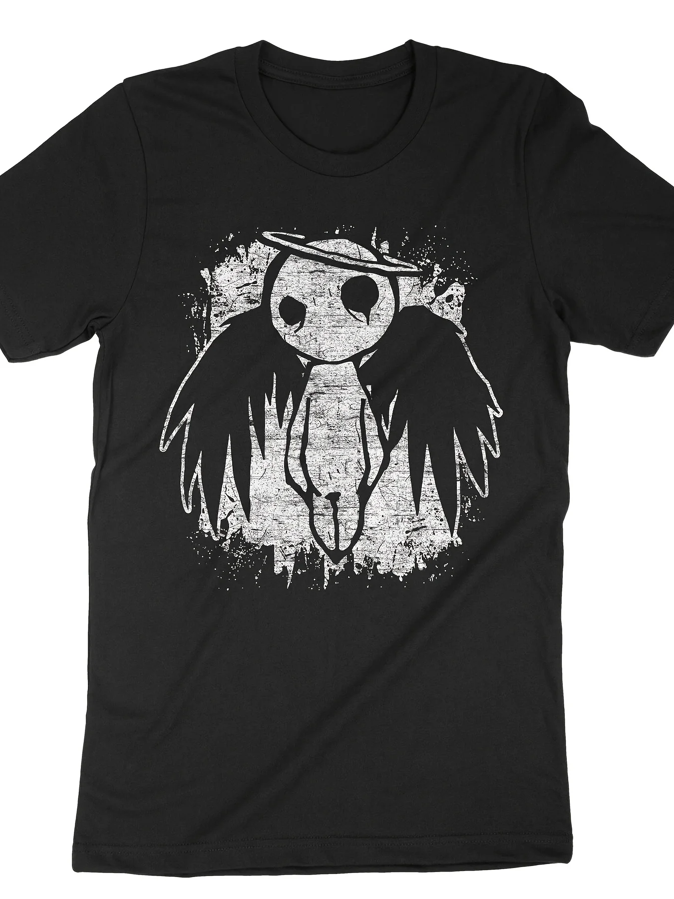 Men's Slim Fit Gothic Punk Rock T-Shirt, Black Emo Graphic T-Shirt, White Angel Wings, Holiday Shopper, Street Fashion Cartoon Print, Breathable Material, Crew Neck Top, Holiday Shopper, Machine Washable, Suitable for Casual Sportswear, Plus Size
