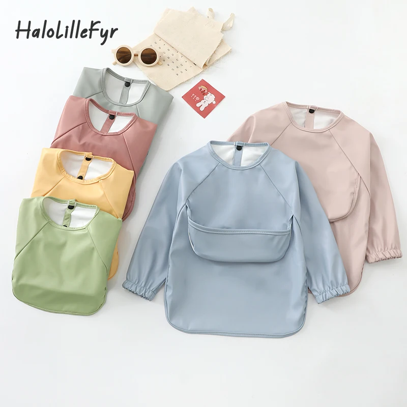 

Solid Color Baby's Waterproof Bibs Easy Clean Children's Long Sleeve Painting Smock for Toddlers Feeding Apron Baby Accessories