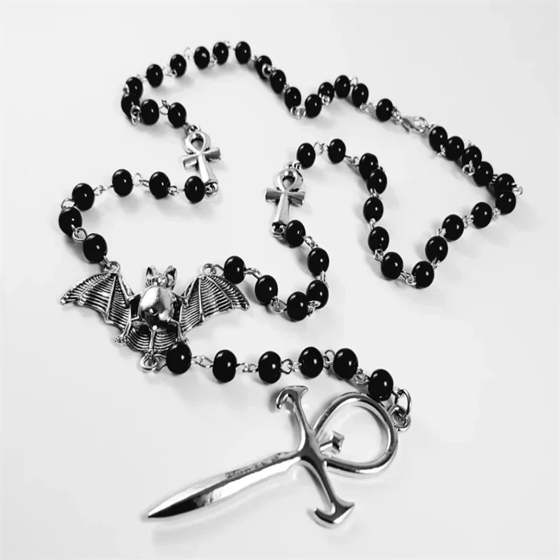 Emo Vampire Ankh Rosary Occult Vamp Bead Necklace Goth Punk Bat Cross Pendant Necklace Handmade Beaded Egyptian Tradgoth Jewelry