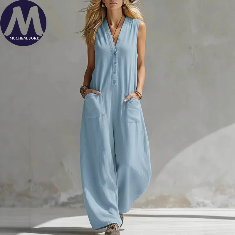 Elegant Sleeveless V Neck Jumpsuit for Women Summer Fashionable Casual Single-breasted Loose Wide Leg Jumpsuits