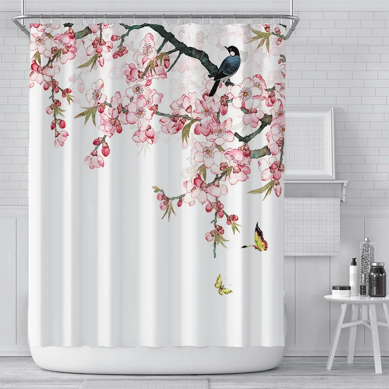 Pink Floral Shower Curtain Liner Asian Japanese Style Flower Cherry Blossoms Shower Curtain Waterproof 3D Print Bath Curtain