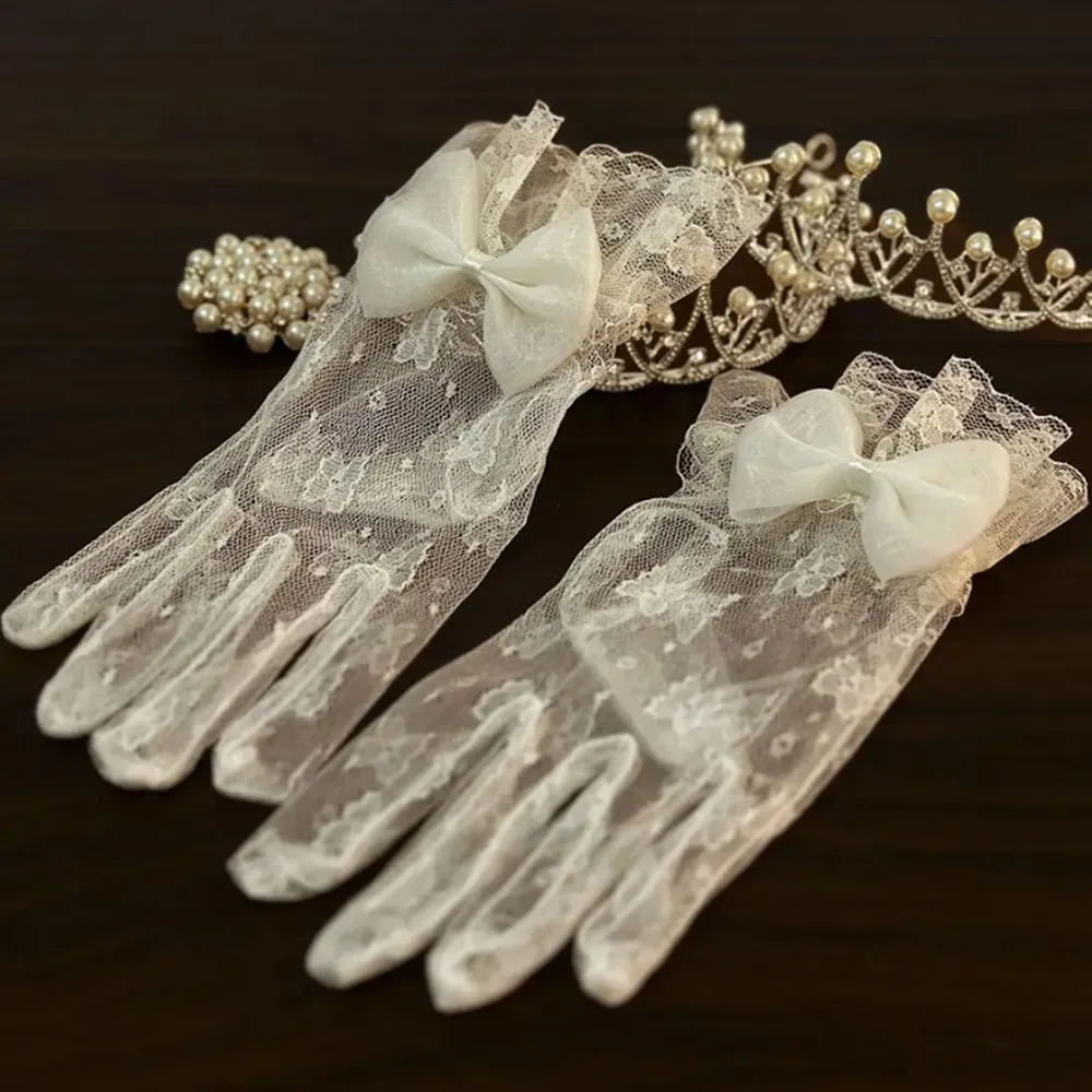 

Женские свадебные перчатки для свадебного платья, винтажные кружевные белые сетчатые перламутровые свадебные платья с бантом и жемчугом, перчатки для фотосессии, аксессуары для косплея