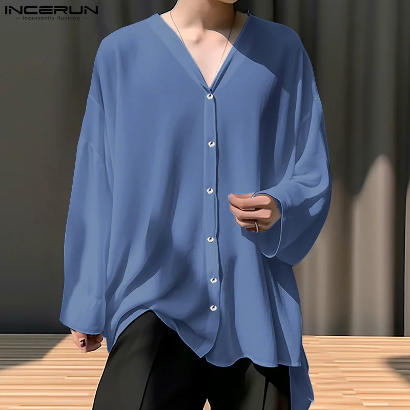 

INCERUN Men Shirt Solid Color V Neck Long Sleeve Korean Streetwear Loose Casual Men Clothing 2024 Fashion Leisure Shirts S-5XL