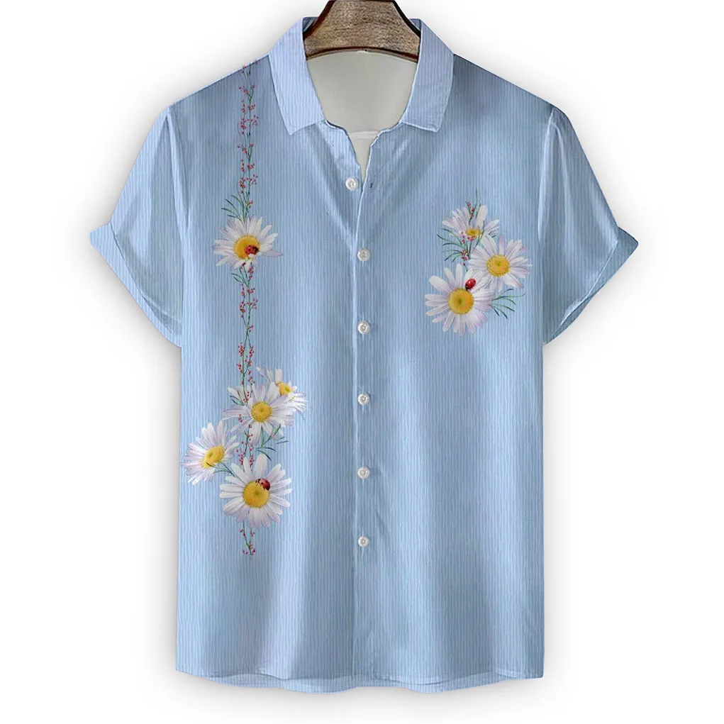 

Hawaii Shirt Men's 3D Daisy Print Shirts Summer Fashion Short Sleeve Small Chrysanthemum Pattern Blouse Oversized Men's Clothing