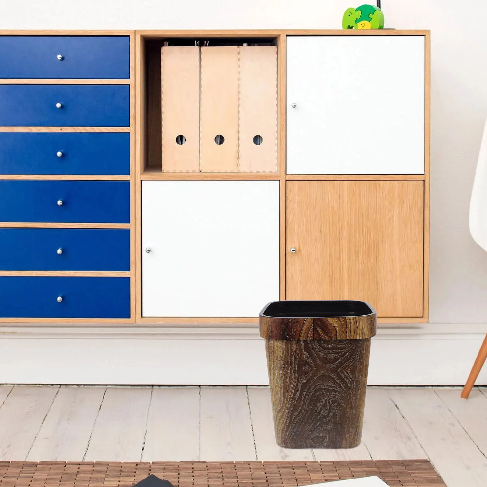 

12L Square Trash Can Faux Wood Grain Design Removable Press Ring For Home Office Plastic Wastebasket Vintage Style Waste Bin