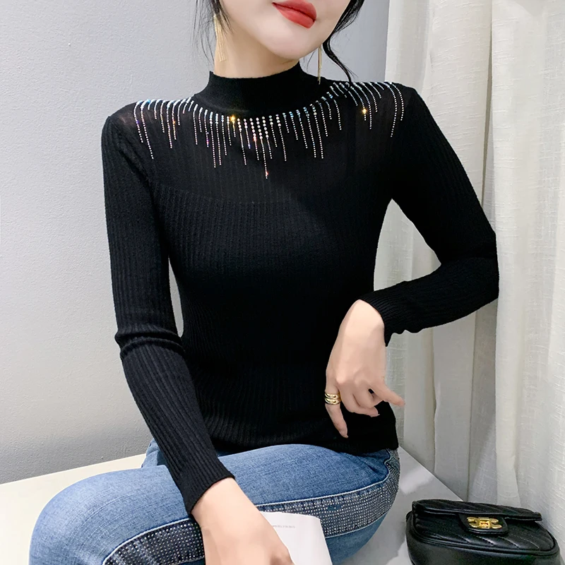 #4327 Black White Knitted Pullover Sweater Women Half High Collar Skinny Woman Sweater Pullovers Long Sleeve Split Joint Mesh