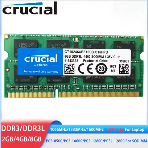 Crucial Memoria RAM DDR3 DDR3L 8GB 4GB 2GB 1066 1333 1600MHz RAM 204pin 1.35V/1.5V PC3-12800 SODIMM Memory for Laptop Notebook