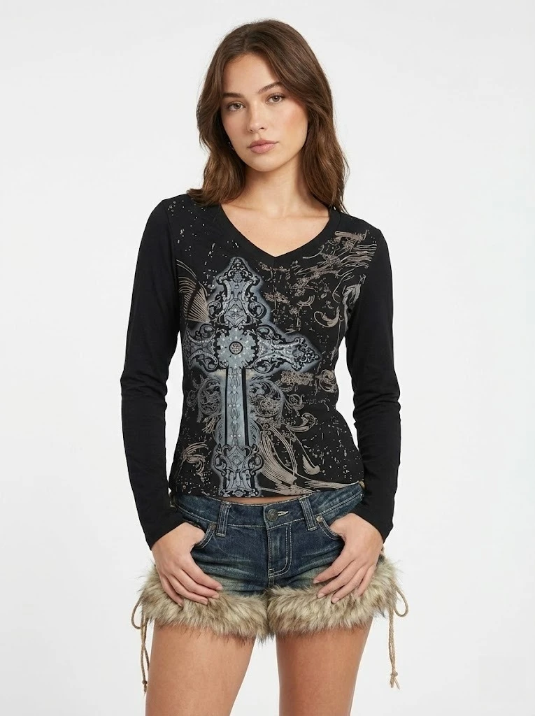 Camiseta vintage feminina casual manga longa streetwear subcultura harajuku americano retro y2k vintage gótico camisetas outono chiques topos