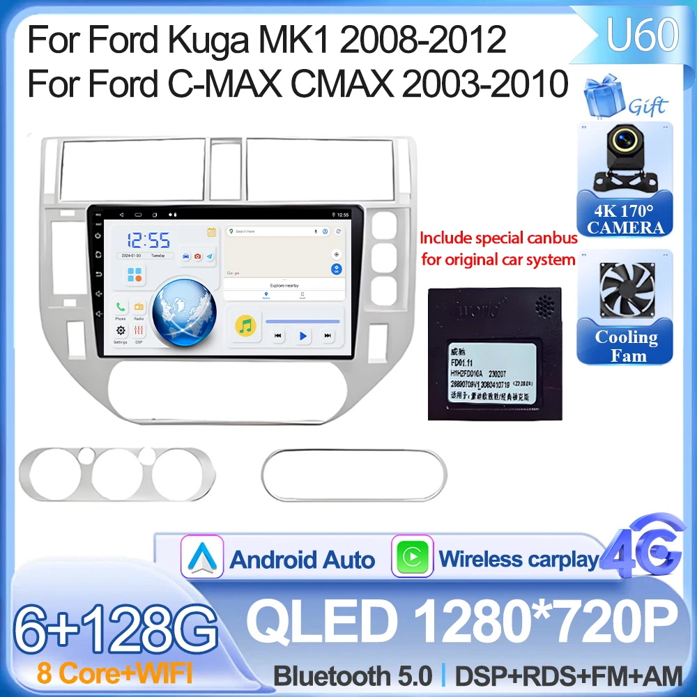 Android 16 Voor Ford Kuga MK1 2008-2012 Voor Ford C-MAX CMAX 2003-2010 Autoradio GPS 2 k Scherm Carplay 4G Wifi Stereo Video DSP BT