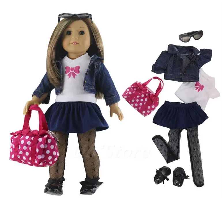 Hot Denim Outfit Fashion Doll Clothes+glasses+bag+tights+one pairs boots for 18 inch American Doll Many Style for Choice