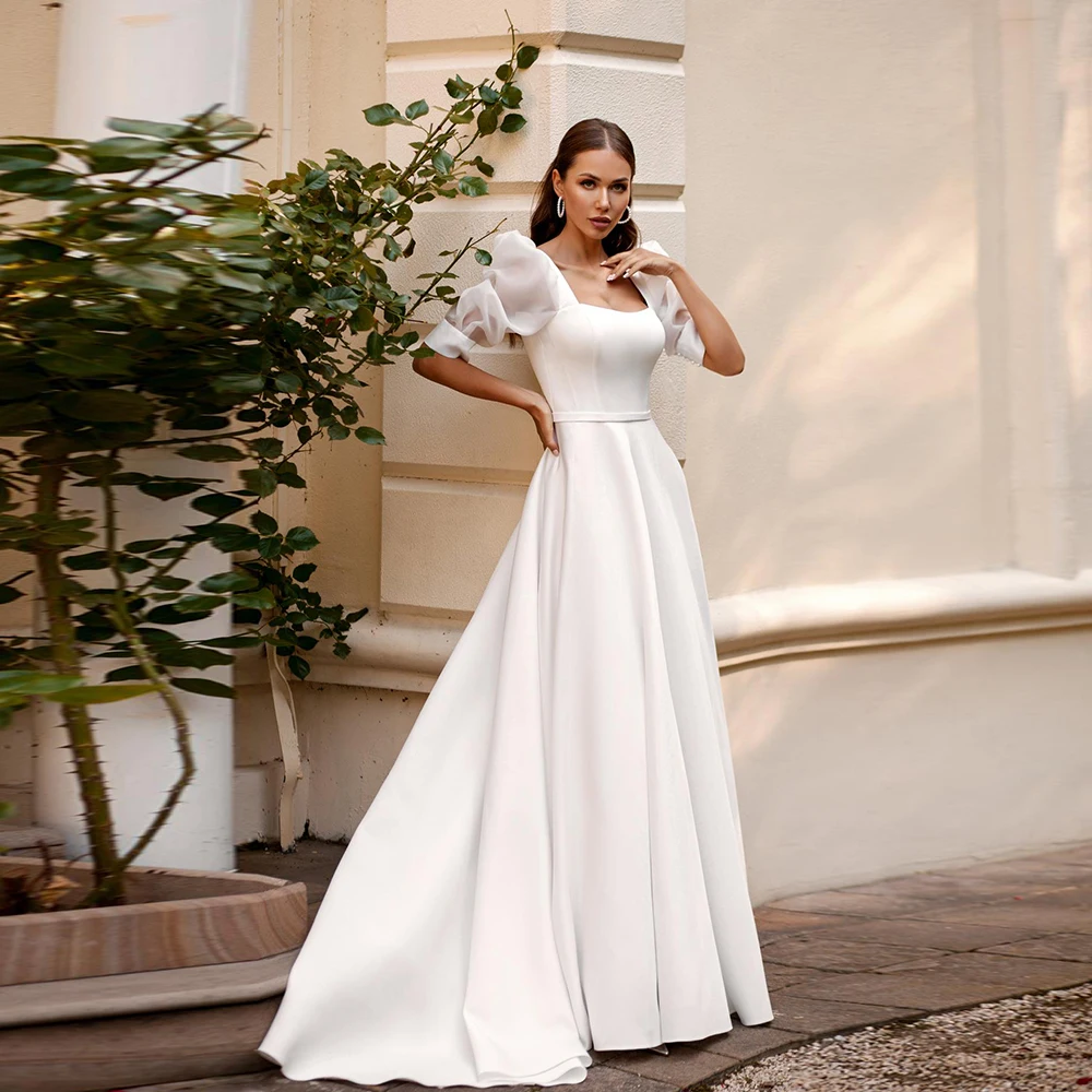 

Simple White Wedding Dresses Square Neck Half Sleeves Bridal Gowns Pleat Back Zipper A-Line Sweep Train свадебное платье 2023