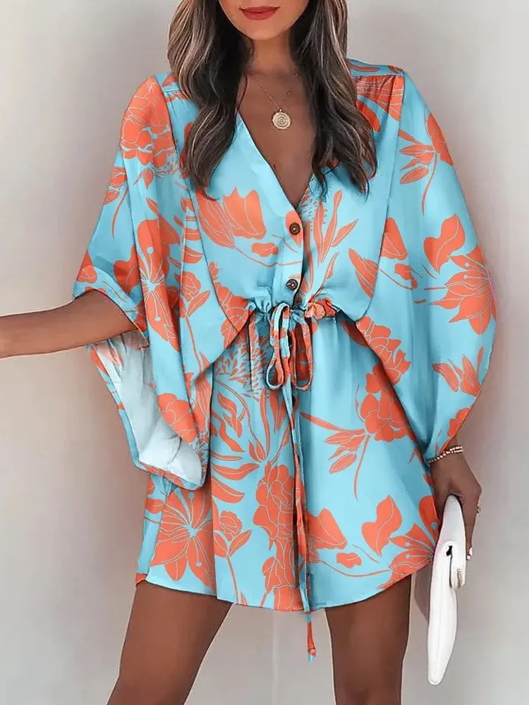 Casual Dress Women Fashion Flying Sleeve V-neck Print Beach Party Dresses Elegant Lace Up Mini Dress Robe Femme 2024 New Summer