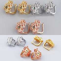 Designer Collection Style Women Lady Earrings Inlay Cubic Zircon Green Eyes Hollow Out Leopard Head Plated Gold Color Jewelry