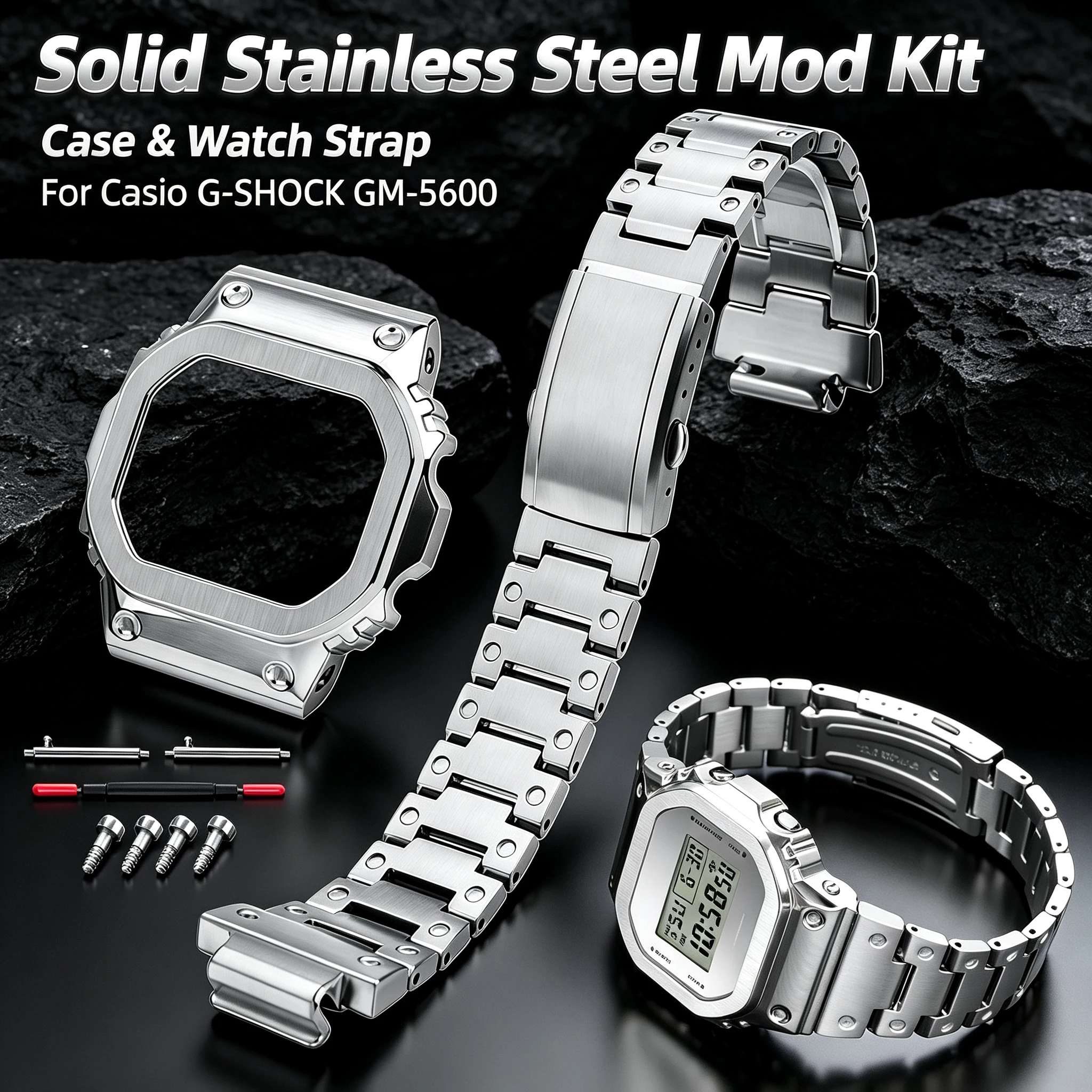GM5600 Mod Kit Solid Stainless Steel Case & Watch Strap For Casio G-SHOCK GM-5600 Module 3229 Men Metal Replacement Accessories