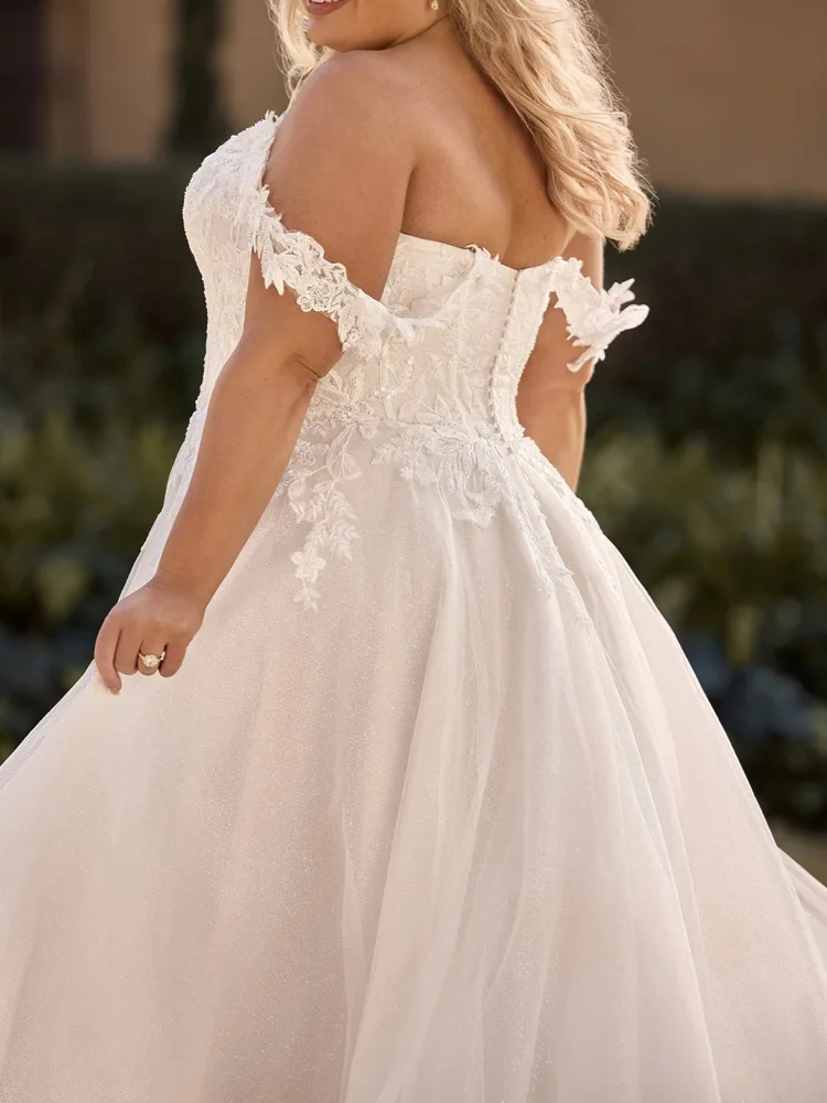 Plus Size Wedding Dresses Off the Shoulder Zipper with Buttons Back Empire Court Train Bridal Gowns Sheer with Applique Beading