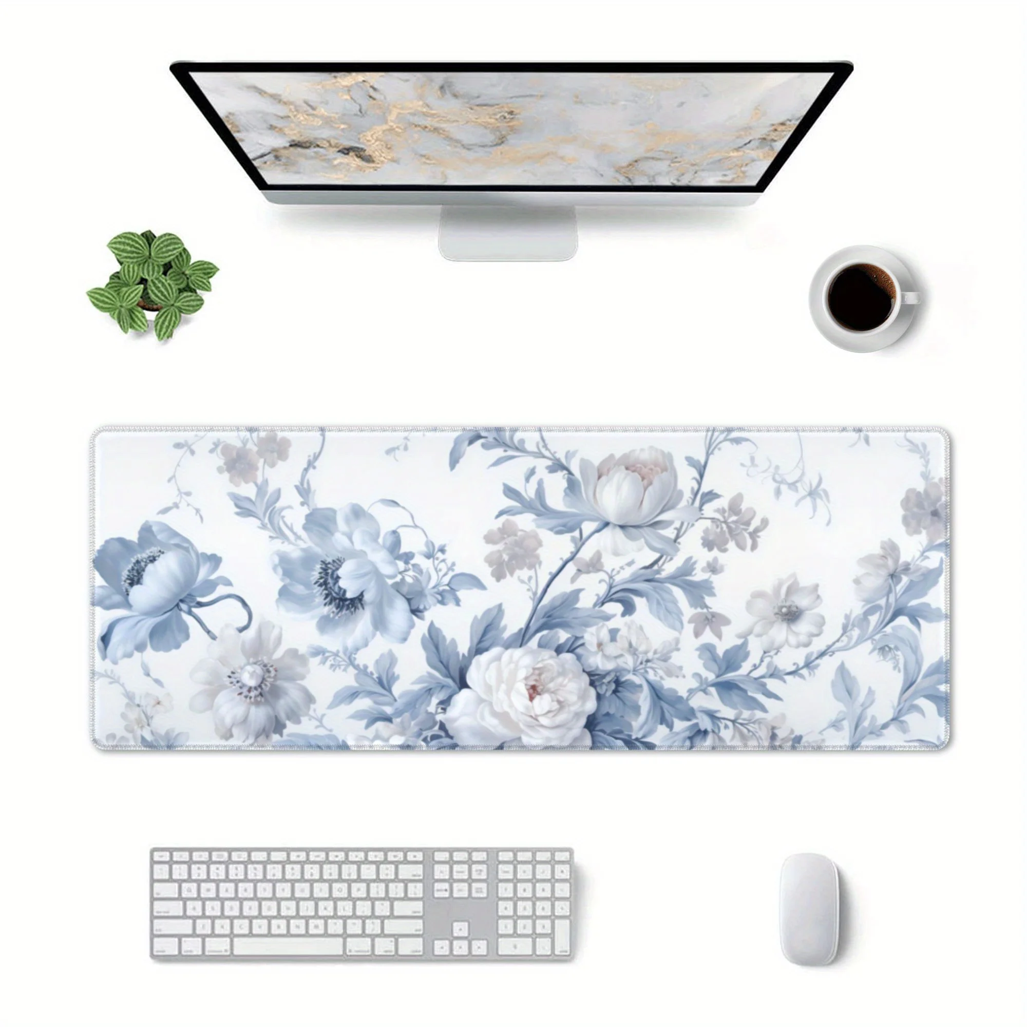 

Desk Pad, Mouse Pad/ Mat, Non-Slip Rubber Desk Mat, Laptop Desk Pad For Office And Home (Faded Blue White Flower )