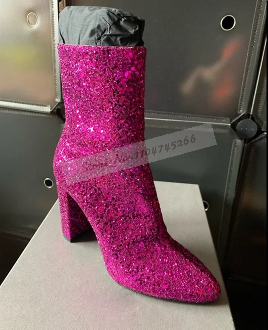

Hot Pink Royal Blue Glitter Chunky Heel Ankle Boots Bling Bling Sequined Block Heels Pointed Toe Booties Zipped Elegant Shoes