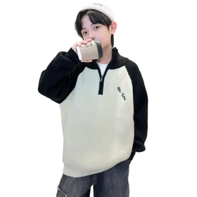 

New Spring Korean Kids Polo Sweater With Zipper For Boy Patchwork Knitwear Child Teenager Knitted Polosweater Outerwear 5-14 Y