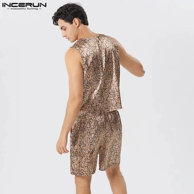 Casual Fashion Style Sets INCERUN New Mens Sleeveless Vests Shorts Sets Handsome Male Leopard Printing Two-piece Sets S-5XL 2024