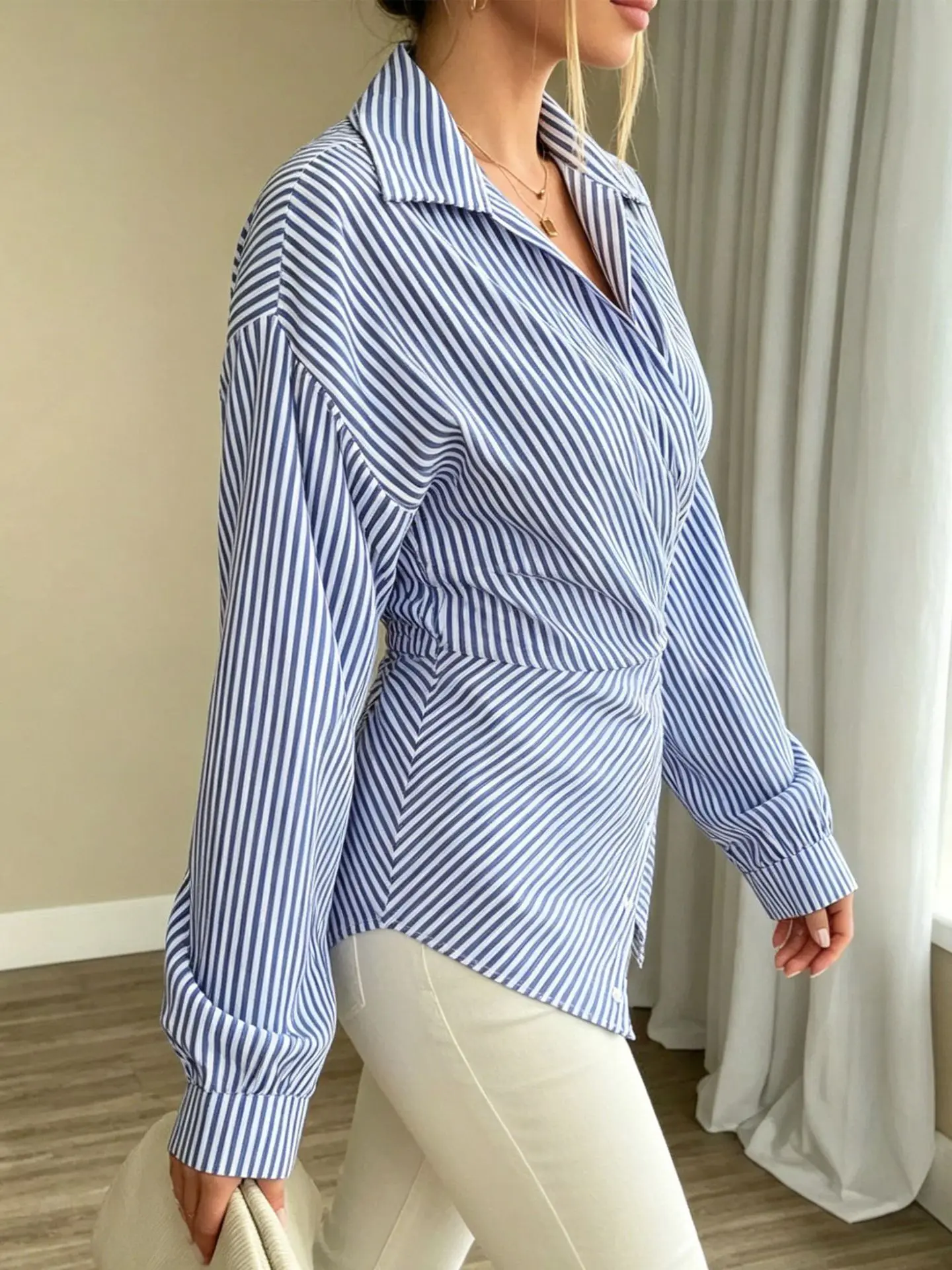 New women's clothing - fashionable vertical stripe wrap-around fitted waist-shaping slimming comfortable long-sleeved shirt view 3