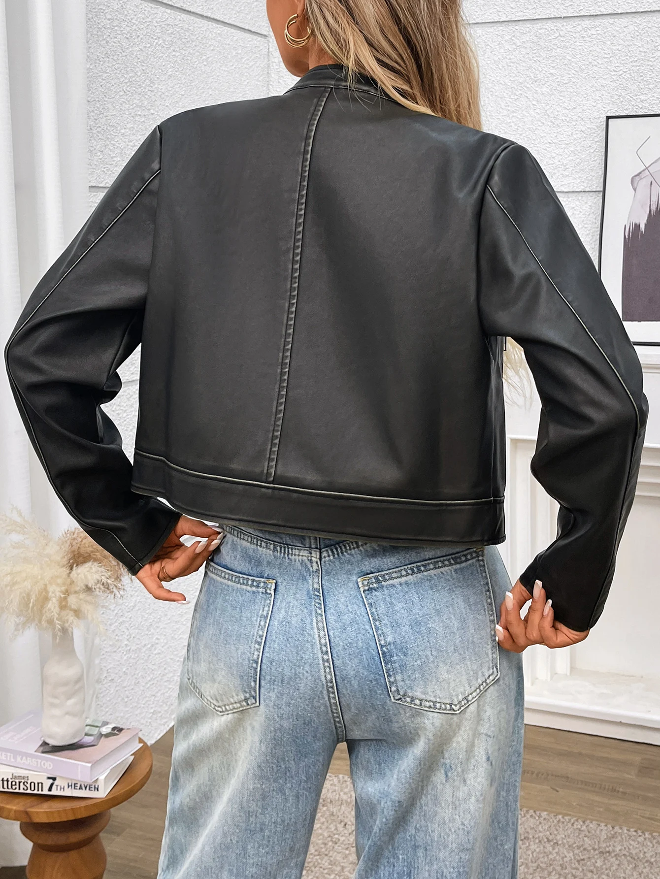 Women's Faux Leather Cropped Jackets Casual Vintage Zip Up Moto Short Coat Outwear