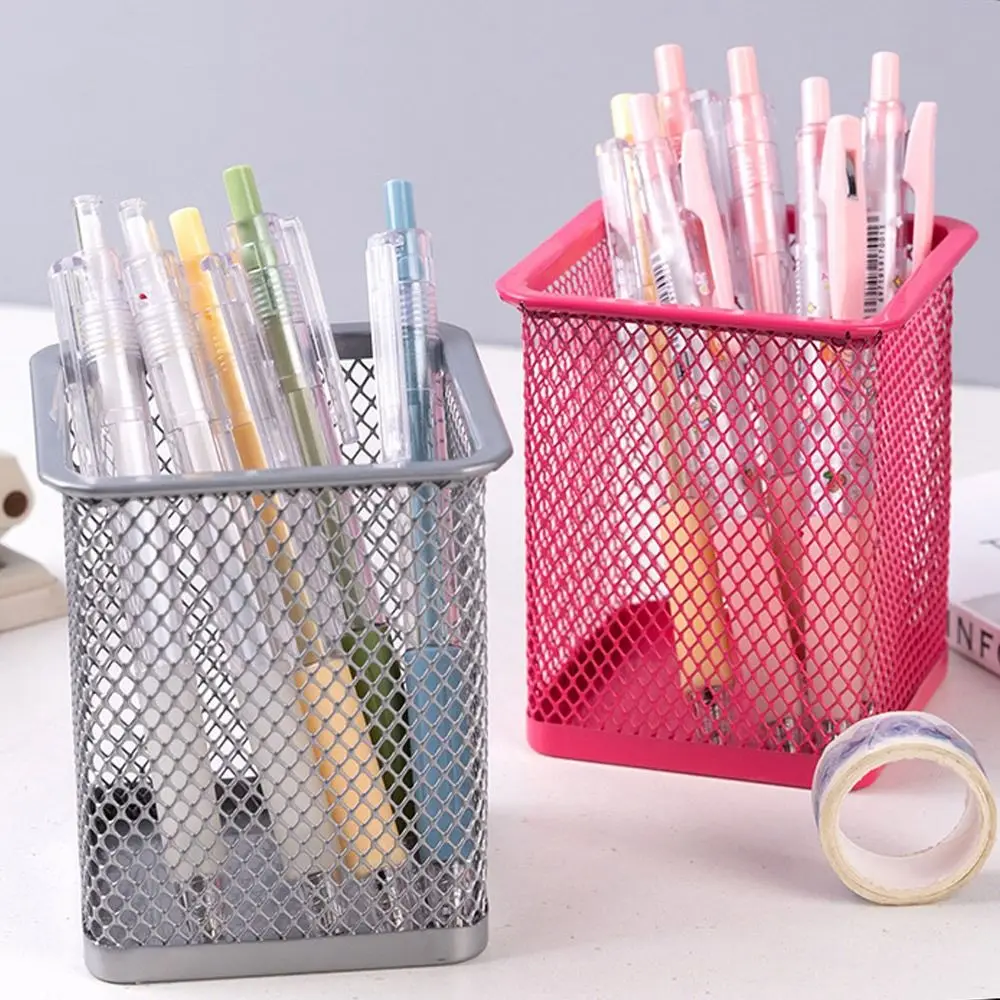 Round/Square Pencil Storage Desk Tidy Stationery Organiser Mesh Pen Pot Storage Case Pen Holder