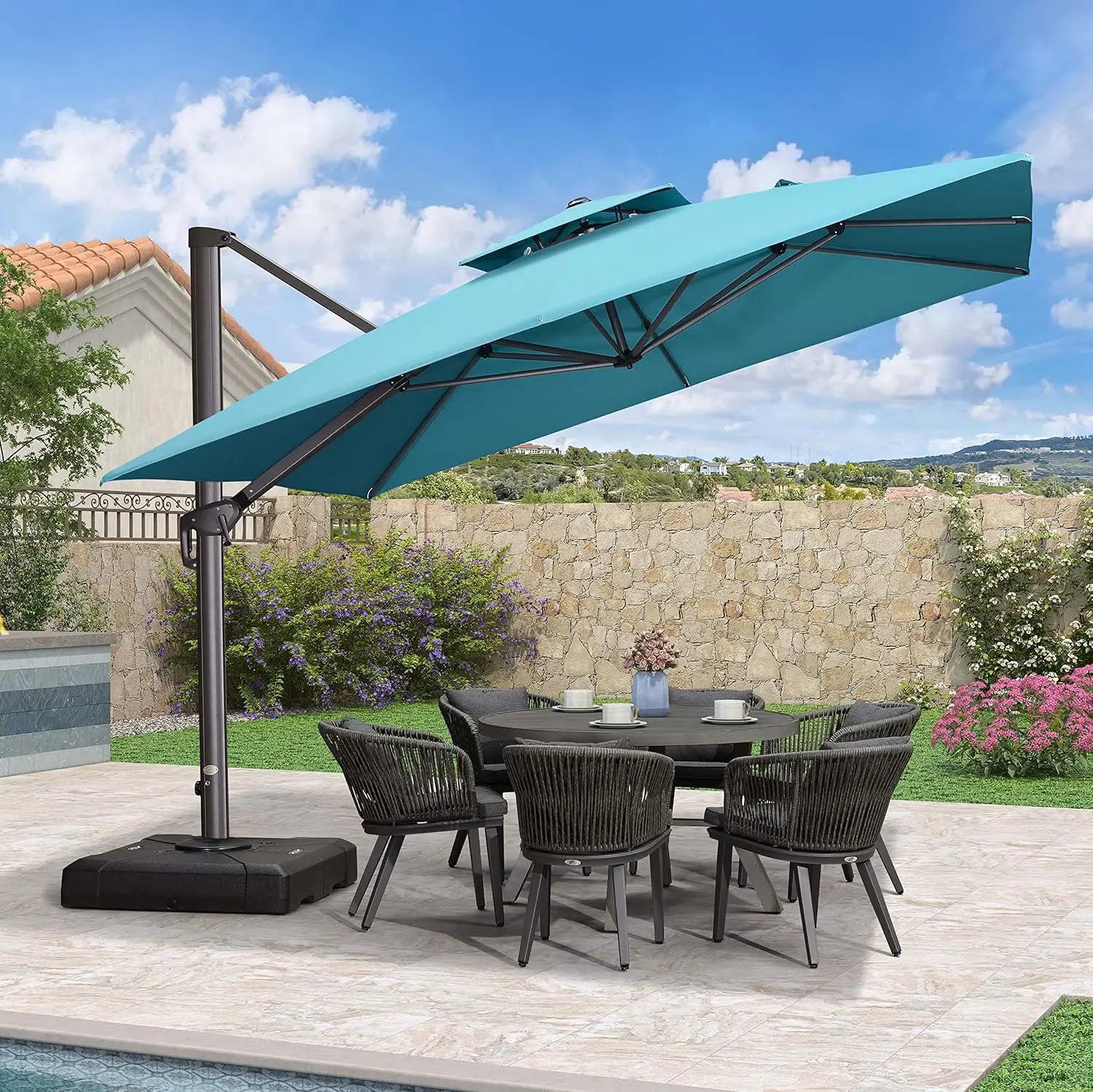 

LEAF 11FT Cantilever Outdoor Umbrellas Large Patio Umbrella Hanging Double Top Square Offset Umbrella with 360°Rotation T