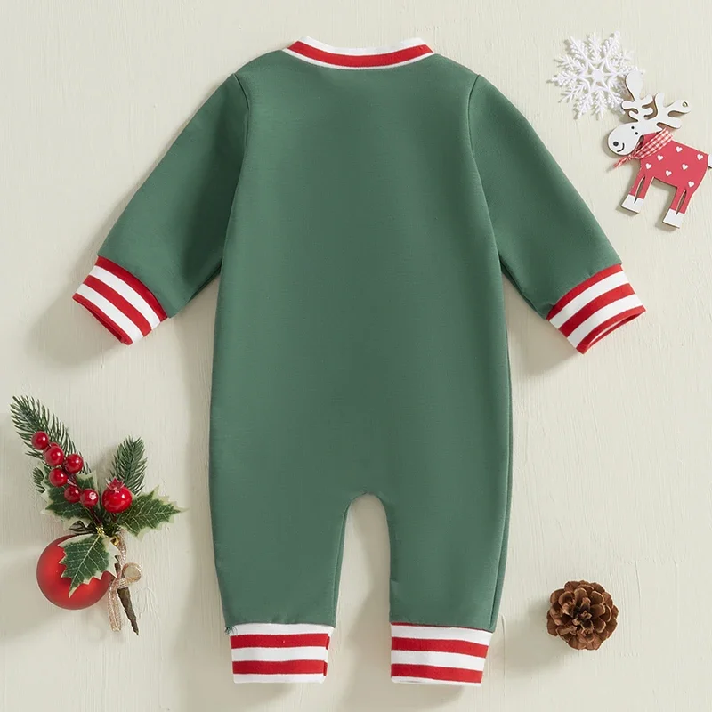 Baby Zip Up Christmas Jumpsuit For Newborn Santa Embroidered Striped Long Sleeve Romper Clothes