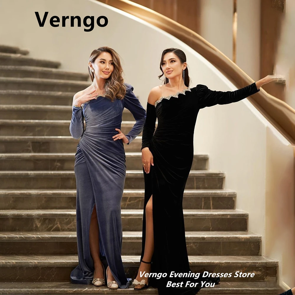 

Verngo Crystal Velvet Prom Gowns One Shoulder Long Puff Sleeves Evening Dress Side Slit Long Party Dresses For Women 2024