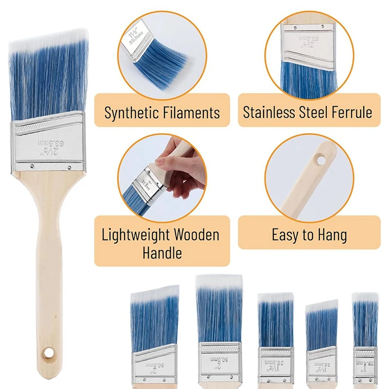 แปรงทาสี ABPP, 6 แพ็ค, 1 นิ้ว, 1.5 นิ้ว, 2 นิ้ว, แปรงมุม, ด้ามไม้ที่ผ่านการบําบัด, แปรงทาสีสําหรับผนัง, แปรงคราบ