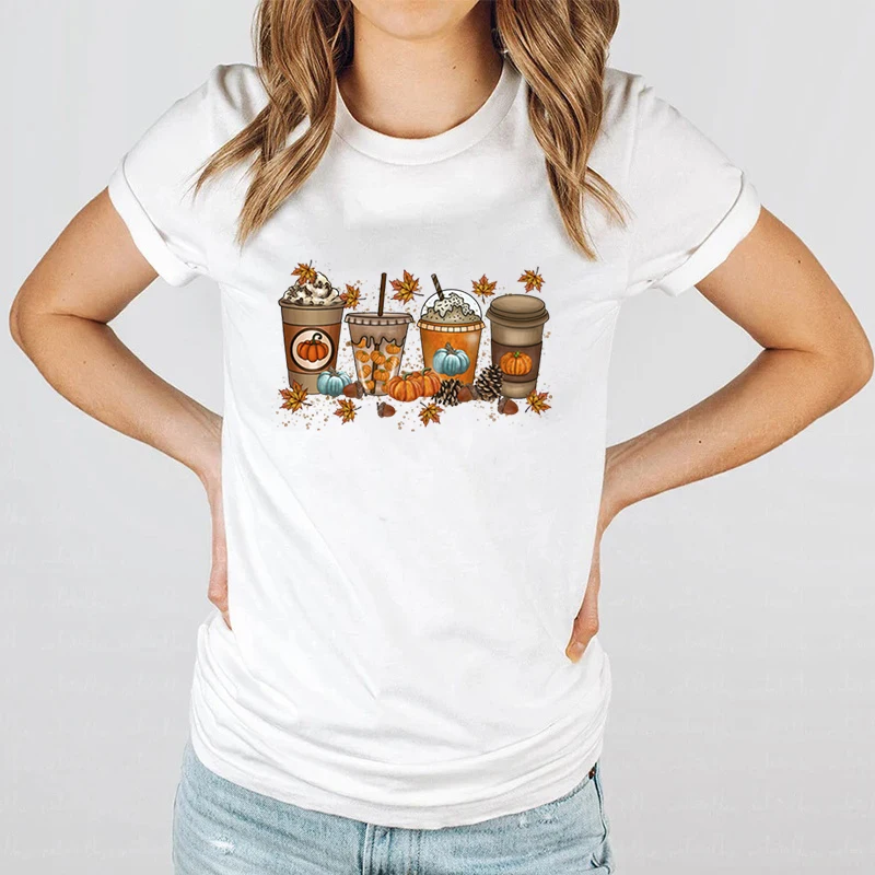 

Funny Fall Coffee Print T-shirts For Women Fall Tshirt Short Sleeves Round Neck Loose T-shirt Halloween Gifts Coffee T-shirts