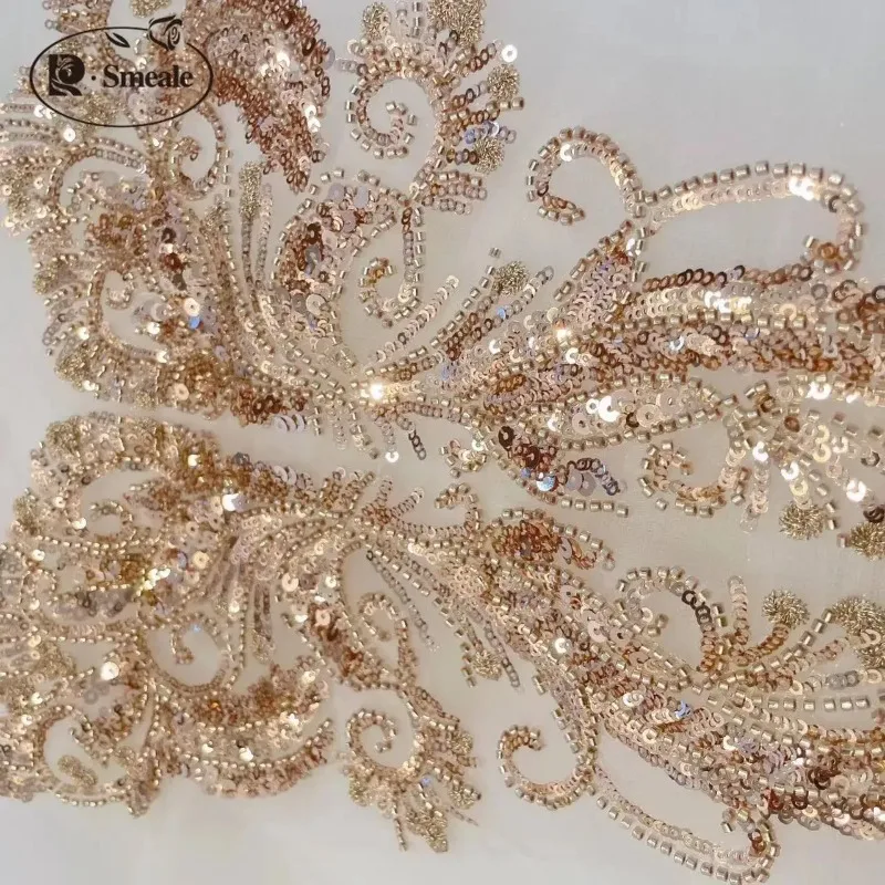 Large Front and Back Beaded Lace Applique, Gold, Shiny Opening, Tull Embroidery, DIY Wedding Dress, Children's Clothing, Sewing