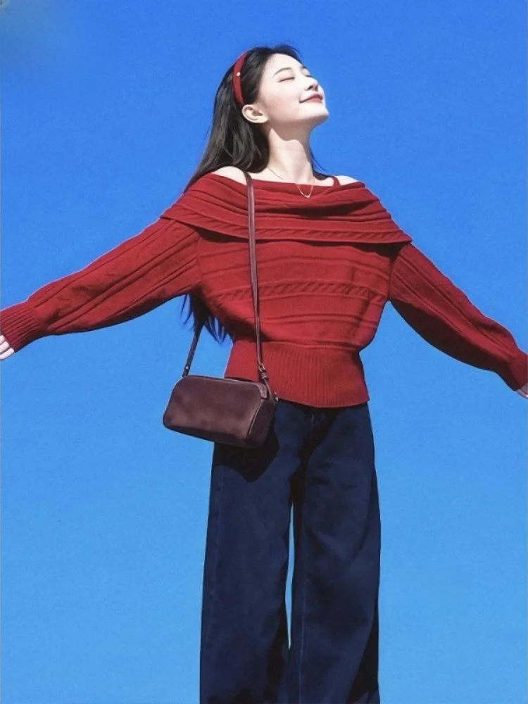 

Красный вязаный свитер на одно плечо, женский, модный дизайн, зимний, свободный крой, премиум-качество, средней длины, повседневная одежда, для работы и отдыха