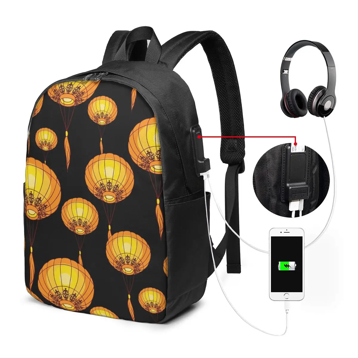 Traditional Chinese Lantern Pattern Backpack Travel Notebook Bag Computer College Student School Bag Laptop Shoulder Bags