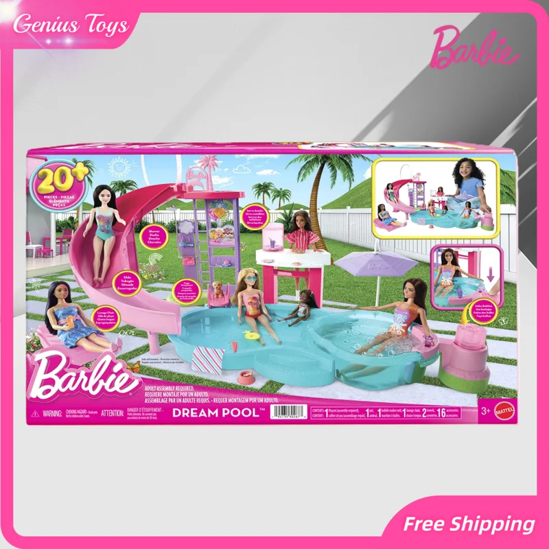 Barbie sonho piscina playset diversão experiência interativa tema de festa na piscina vários acessórios meninas fingir jogar brinquedo presente de aniversário