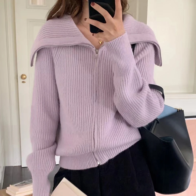 HELIAR Women Zipper Cardigan Sweater Turn-down Collar Solid Knit Loose Casual Sweater Warm Long Sleeve Office Coat Fall Winter