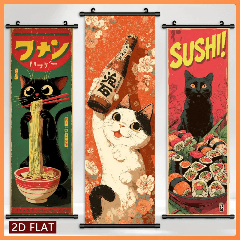 VIKAMA Cat Sushi Scroll Wall Hanging Japanese Retro Food Art For Kitchen Living Room Colorful Quirky Background Home Decor