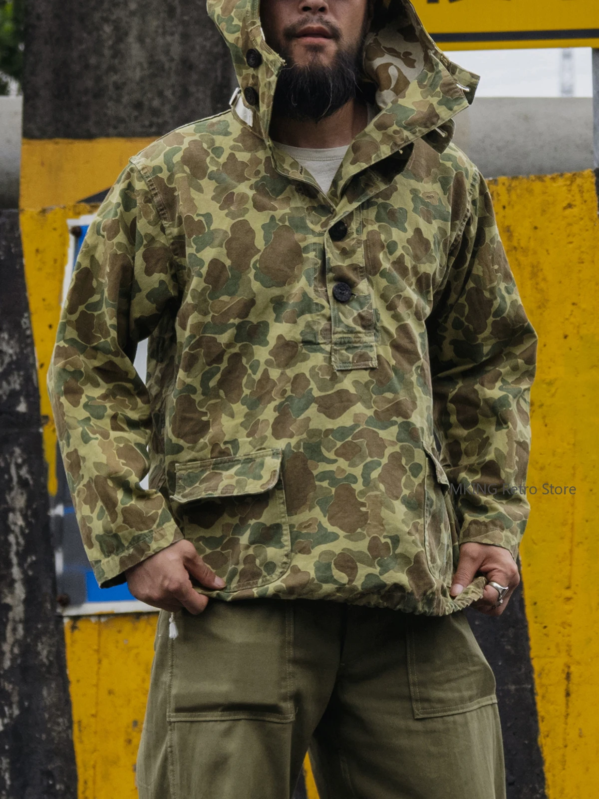 Rugged Bronson Selvage Denim GUNNER SMOCK Artillery Hand Protective Pullover Hooded Camouflage Blouse