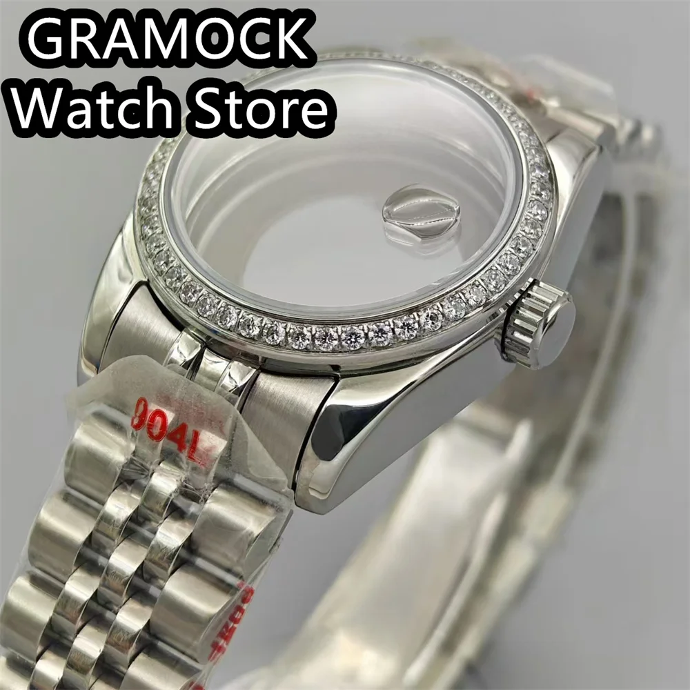 GRAMOCK 30.5mm Luxury Diamond Bezel Women Watch Case Sapphire Glass Steel Strap For NH05 NH06 Movement Replacement Parts