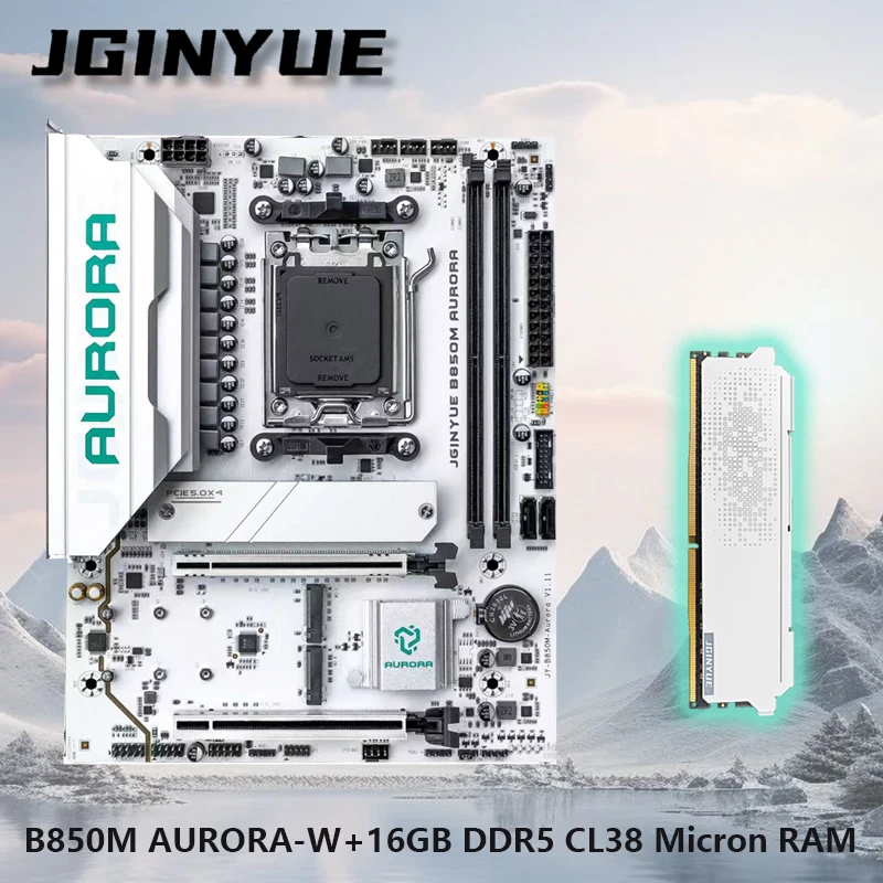 Combo de Placa Base JGINYUE B850M AURORA-W para AMD ® CPU Ryzen Serie 9000 para PC de Escritorio, Kit de RAM DDR5 de 16GB, PCIe 5.0, para Juegos, Sin WiFi